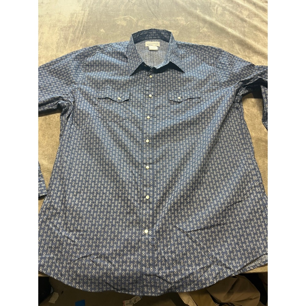 Wrangler Western Shirt 2XLT Blue Patterned Long Sleeve Cowboy Rodeo Menswear‎